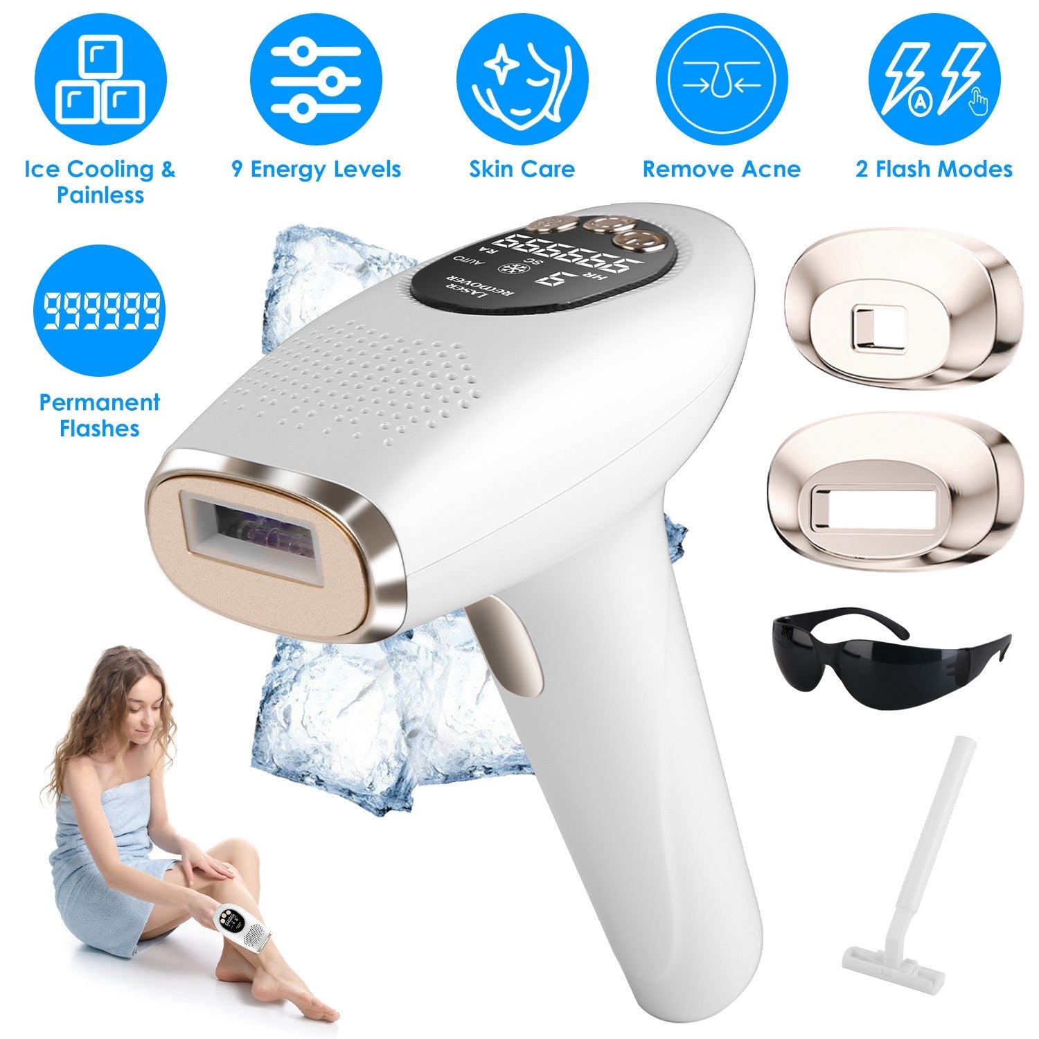 3-in-1 Ice Cooling IPL Hair Removal Device – 999,999 Flashes, Skin Care & Acne Removal