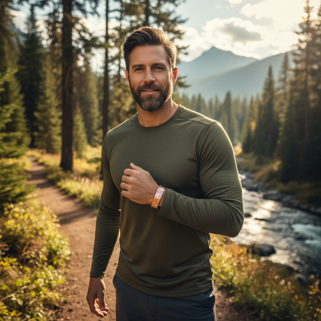 Active man wearing 3x strength copper magnetic bracelet outdoors in natural light