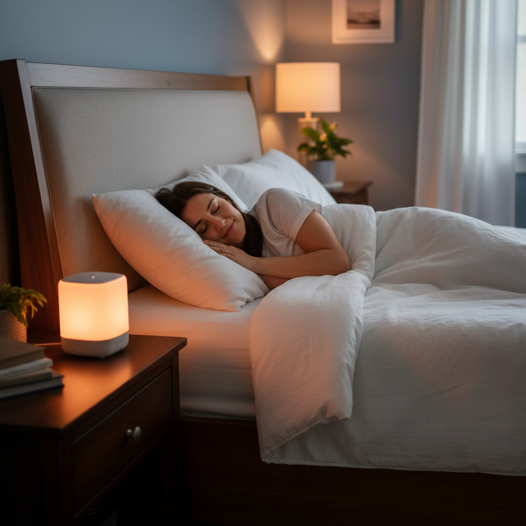Person sleeping peacefully with white noise sleep machine and night light glowing on bedside table