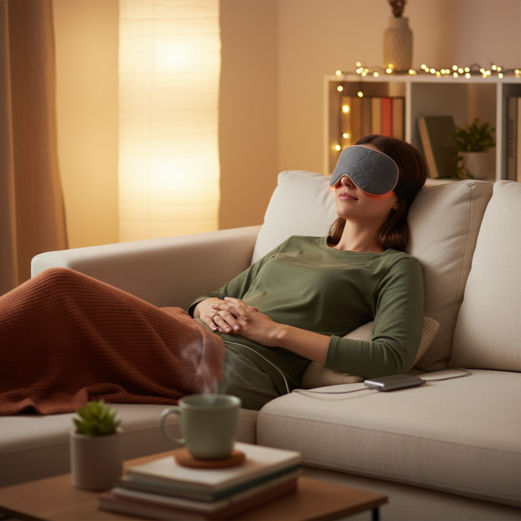 Person relaxing while wearing the Wizard Research electric heated dry eye relief mask