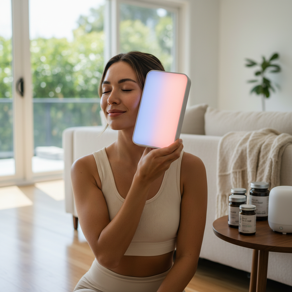Glowing woman holding Illuminate V2 LED light therapy panel near her face in a bright modern home setting