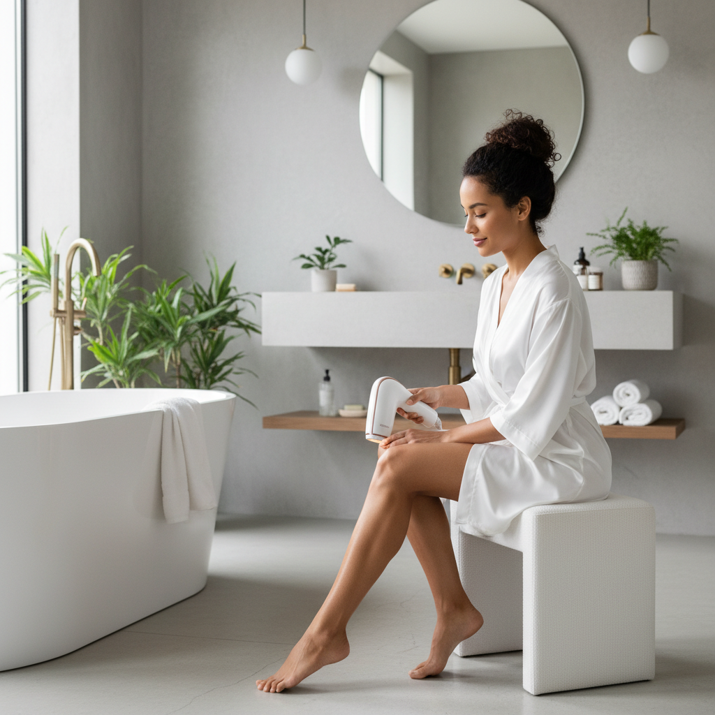Woman using IPL laser hair removal device on her leg in a bright modern bathroom